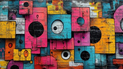 Vibrant street art mural enlivening an urban concrete wall with colorful graffiti and dynamic designs in a bustling cityscape