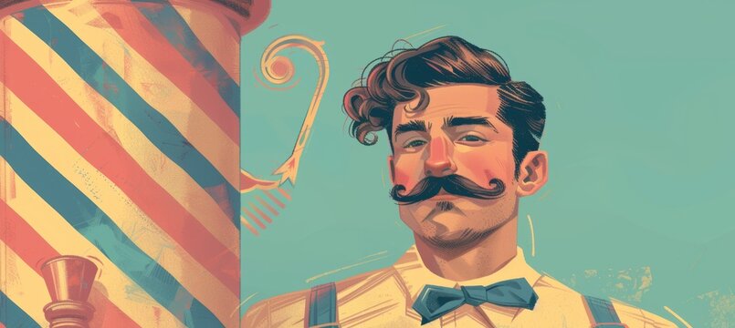 Vintage Barbershop Illustration with Classic Pole and Mustached Barber in Suspenders for Posters and Cards