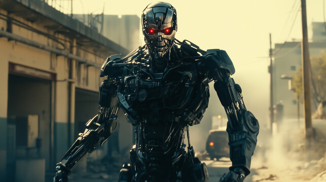 A robot with red eyes stands in a desolate urban setting.