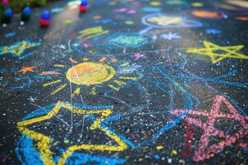 A colorful chalk drawing on a black pavement, featuring celestial themes like stars, planets, and a sun. The vibrant colors include yellow, pink, blue, and green.