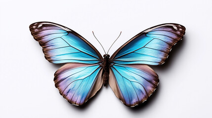 Fototapeta premium A mesmerizing close-up of a fairy butterfly displaying vibrant blue and purple wings against a serene white background in natural light