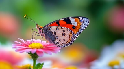 Obraz premium A vibrant butterfly with intricate wing patterns perched on a pink flower in a lush, colorful garden.