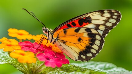 Fototapeta premium A vibrant butterfly with intricate patterns on its wings feeding on colorful flowers in a lush green garden.