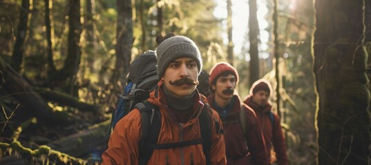 Group of Friends Hiking in Autumn Forest Enjoying Movember Adventure
