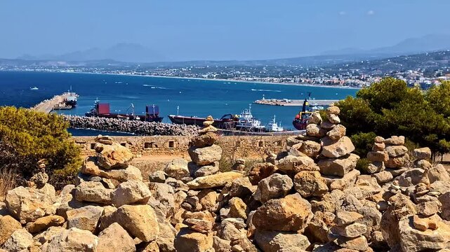 Pile Of Stones Overlooking Venetian Harbor Of Rethymnon In Crete, Greece. Aerial Drone Shot
