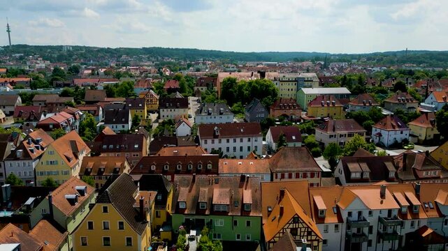 4K Aerial Drone Video of the Historic Half-Timbered Homes in Downtown Ansbach, Germany
