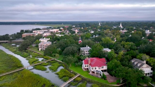 aerial pullout from downtown beaufort sc, south carolina