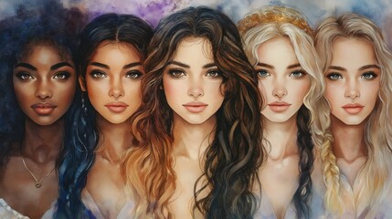 Fototapeta premium Diverse sisterhood captured in watercolor with five women showcasing unique cultures and expressions under a dreamy pastel sky