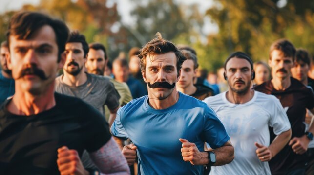 Community Charity Run with Movember Mustaches - Energetic Group of Men and Women