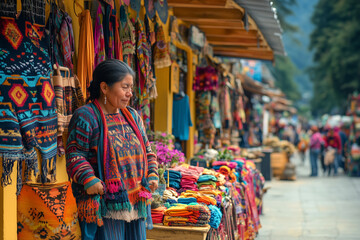 A bustling marketplace filled with vibrant handmade textiles in a colorful artisanal village, showcasing local crafts and culture
