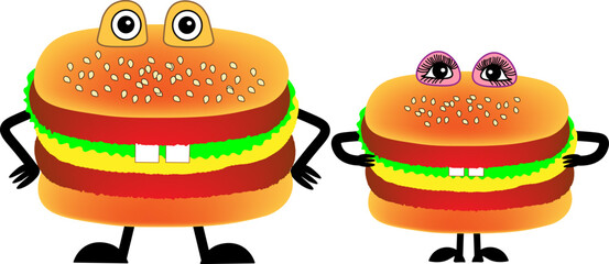 The hamburger family. Cartoon cute hamburgers in the concept of a husband and wife couple. Fast food, favorite food in the characters. Isolated on a transparent background, vector. illustration