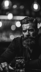 Fototapeta premium High Contrast Black and White Portrait of Bearded Man with Styled Mustache in Dimly Lit Bar