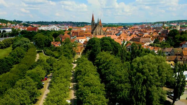 4K Aerial Drone Video of the St. Johannis Kirche Church and Kirche St. Gumbertus Church in Ansbach, Germany