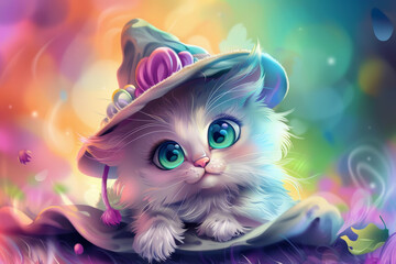 A cute white cat wearing a hat and sitting on a leaf