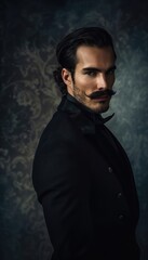 Fototapeta premium Dramatic Portrait of a Man with a Sculpted Mustache in Black Suit Against Dark Moody Backdrop