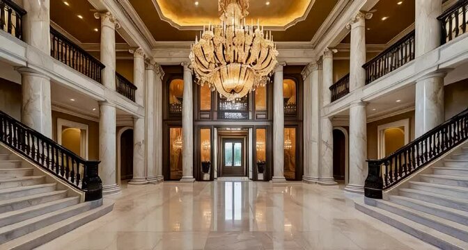 a grand luxury mansion foyer with a majestic double staircase made of marble, leading up to a magnificent chandelier that illuminates the space with a warm, golden light