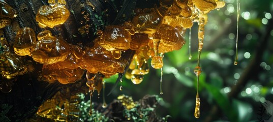Obraz premium Macro Shot of Golden Raw Copal Resin Dripping from Tree Bark with Dewdrops in Lush Jungle Lighting