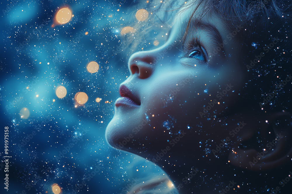 Poster A child's outline fused with a starry night sky, symbolizing wonder and imagination through double exposure.