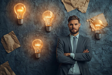 A confident businessman stands against a creatively styled wall adorned with glowing light bulbs and crumpled paper, inspiring innovation and ideas