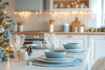 elegant interior design concept banner featuring a simple white kitchen with light blue accents and festive christmas tableware