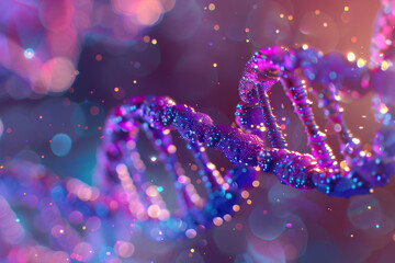 A colorful DNA strand with a purple and blue hue