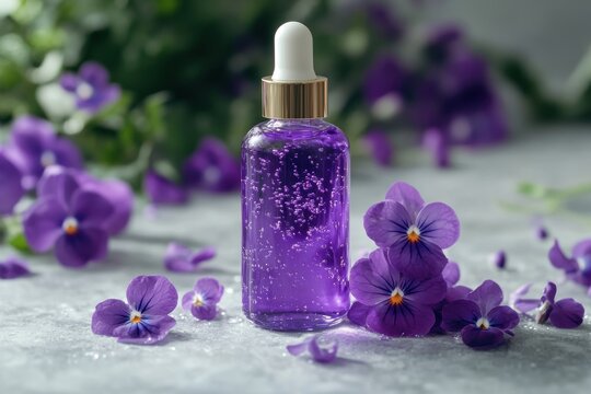botanical essence products, promote botanical extracts with a banner featuring beautiful violet flowers and a bottle of violet flower oil, highlighting the natural essence