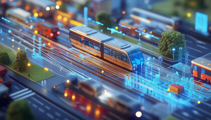 Innovative smart city map showcasing advanced transportation systems with detailed infrastructure and vibrant urban life at night