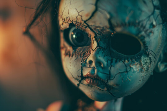 A doll with a broken face and a creepy expression