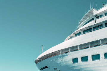 A large white cruise ship is sailing on a blue sky