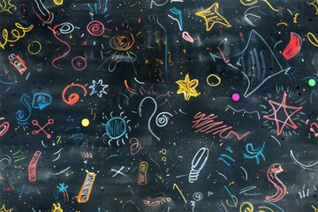 A seamless colorful chalkboard filled with various doodles and abstract shapes in bright colors. The background is black, enhancing the vibrancy of the chalk drawings.