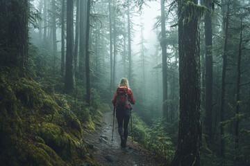 Obraz premium Frau wandert durch einen nebligen Wald