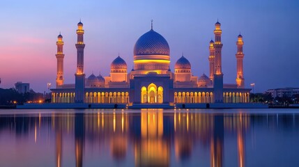 Fototapeta premium A beautiful Islamic mosque with domes and minarets lit up at dusk, symbolizing the spirit of Ramadan and Islamic culture.