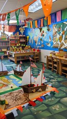 Fototapeta premium Columbus Day Classroom Decor: Children Creating Ship, Map, and Flag Crafts for Educational Display