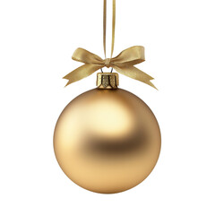 gold Christmas ball with ribbon and a bow, isolated on background. Generative AI