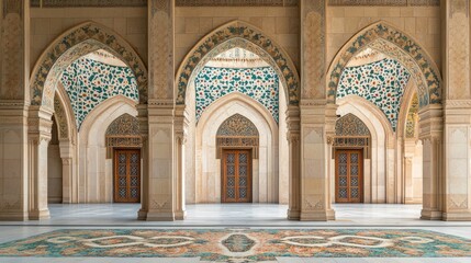 Obraz premium A beautiful mosque with arched doorways and intricate patterns, representing Islamic architecture and the celebration of Ramadan.