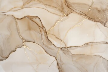 An abstract background with flowing liquid gold lines, featuring a soft painting of an earthy landscape with fluid art and shapes in beige tones using alcohol ink technique.