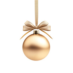 gold Christmas ball with ribbon and a bow, isolated on background. Generative AI