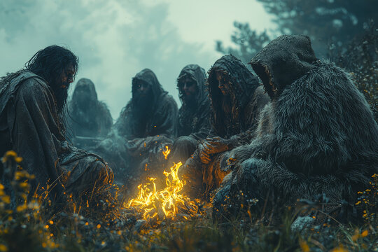Celtic druids lighting bonfires and wearing animal skins during Samhain, the precursor to modern Halloween. Concept of Halloween in ancient Celtic times.