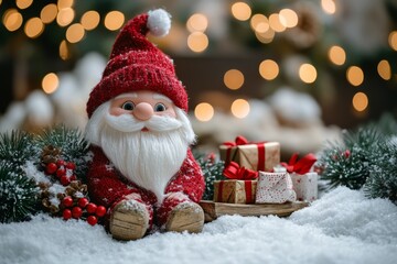 Christmas greeting card with Santa Claus toy and gift box on bokeh background. Christmas background. Santa Claus on a small wooden sleigh with gifts.