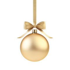gold Christmas ball with ribbon and a bow, isolated on background. Generative AI
