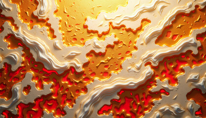 Futuristic warrior camouflage pattern with golden accents and lava-like red splashes