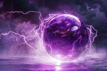 A purple sphere is surrounded by a storm of purple lightning bolts