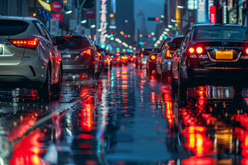A busy city street with cars driving in the rain