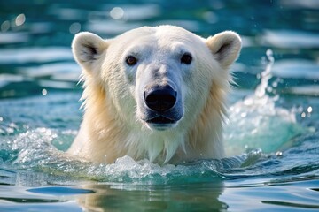 Polar bear swims in a cold pool with its mate and plays in the water