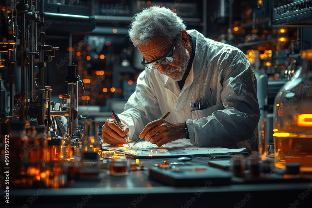 Poster a scientist in a lab, meticulously recording data after multiple experiments. concept of patience an