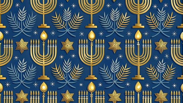 Gold menorah and star of David patterns with blue background for Hanukkah celebrations