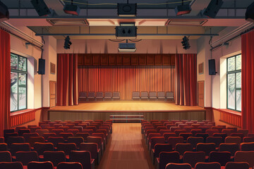 A stage with a red curtain and a large empty audience