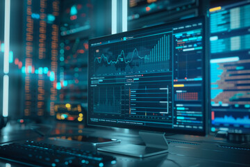 A computer monitor displays a number of graphs and charts