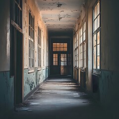 Vertical view of vintage buildings lining the corridor picture
