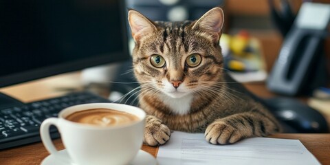 A charming tabby cat sits at a desk. Its paws rest on papers next to a steaming cup of coffee. This scene blends office life with cute pet moments. Ideal for cozy workplace themes. AI